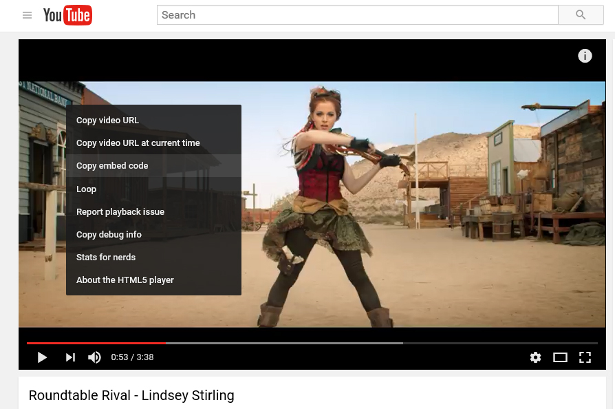 Example screen capture from YouTube of copying the embedded code for a video
